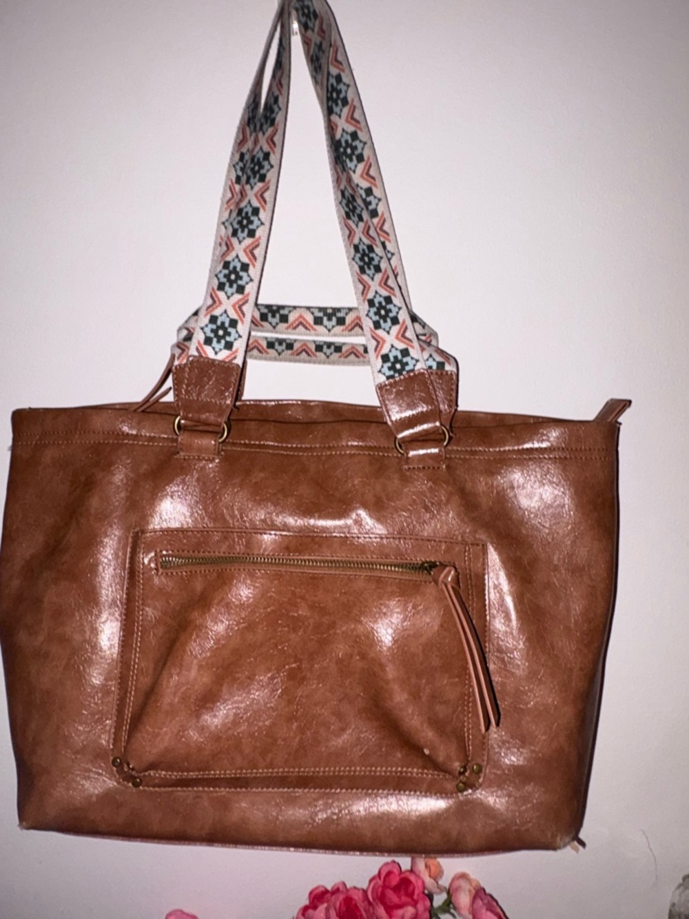 Tan Faux Leather Tote with Patterned Shoulder Straps